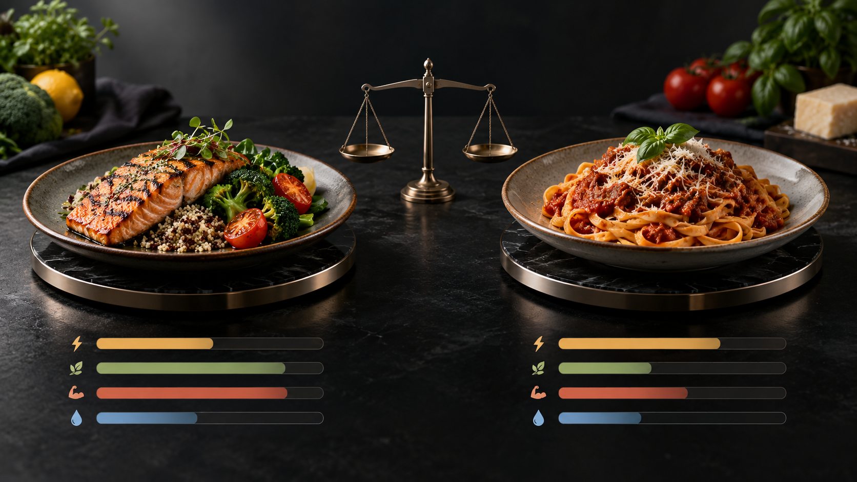 Two illustrated food plates at equal scale around a balance, with symbolic bars below