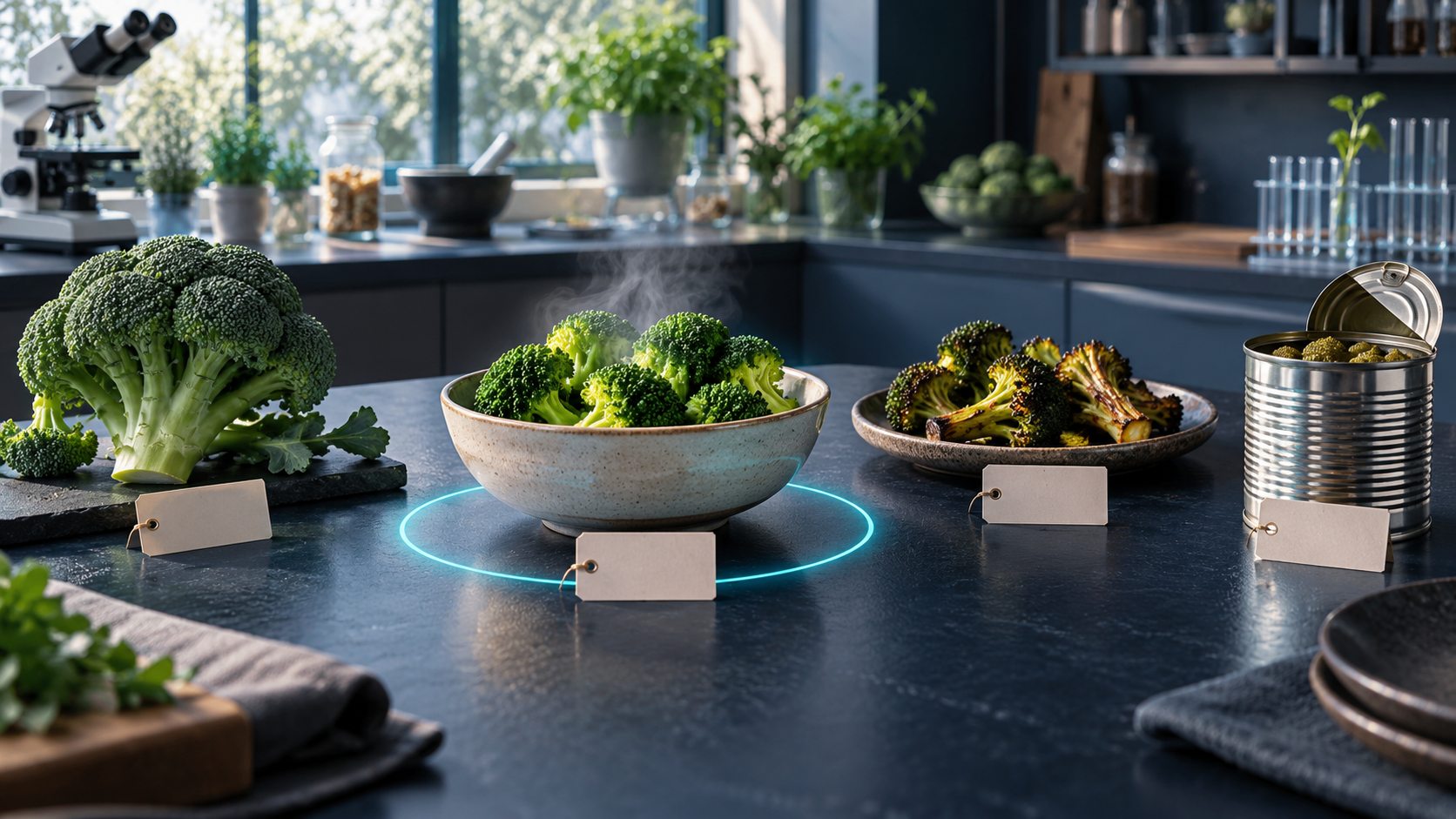 Raw, steamed, roasted and canned broccoli, with a steaming bowl highlighted