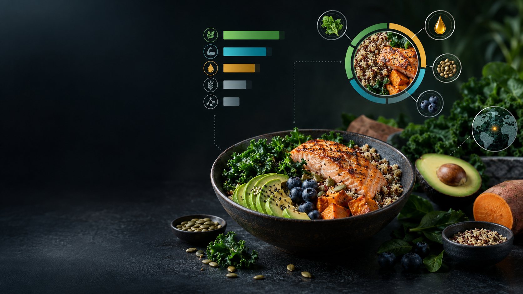 Bowl of salmon, grains and produce with stylised nutrient symbols and a globe