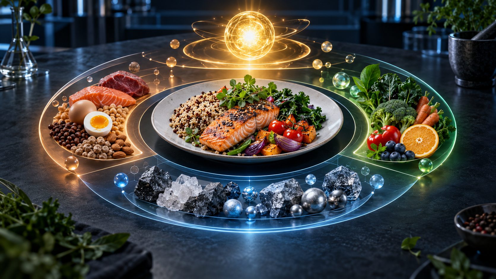 Illustrated meal, protein foods and produce arranged around stylised nutrient symbols